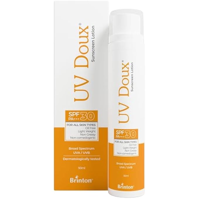 Brinton UV DOUX SUNSCREEN LOTION WITH SPF 30 | OIL FREE FORMULA | UVA & UVB PROTECTION | SWEAT & WATER RESISTANT | LIGHTWEIGHT, NON-GREASY AND NON-COMEDOGENIC | FOR DRY & SENSITIVE SKIN | BENZENE FREE | 50 ML - Image 1